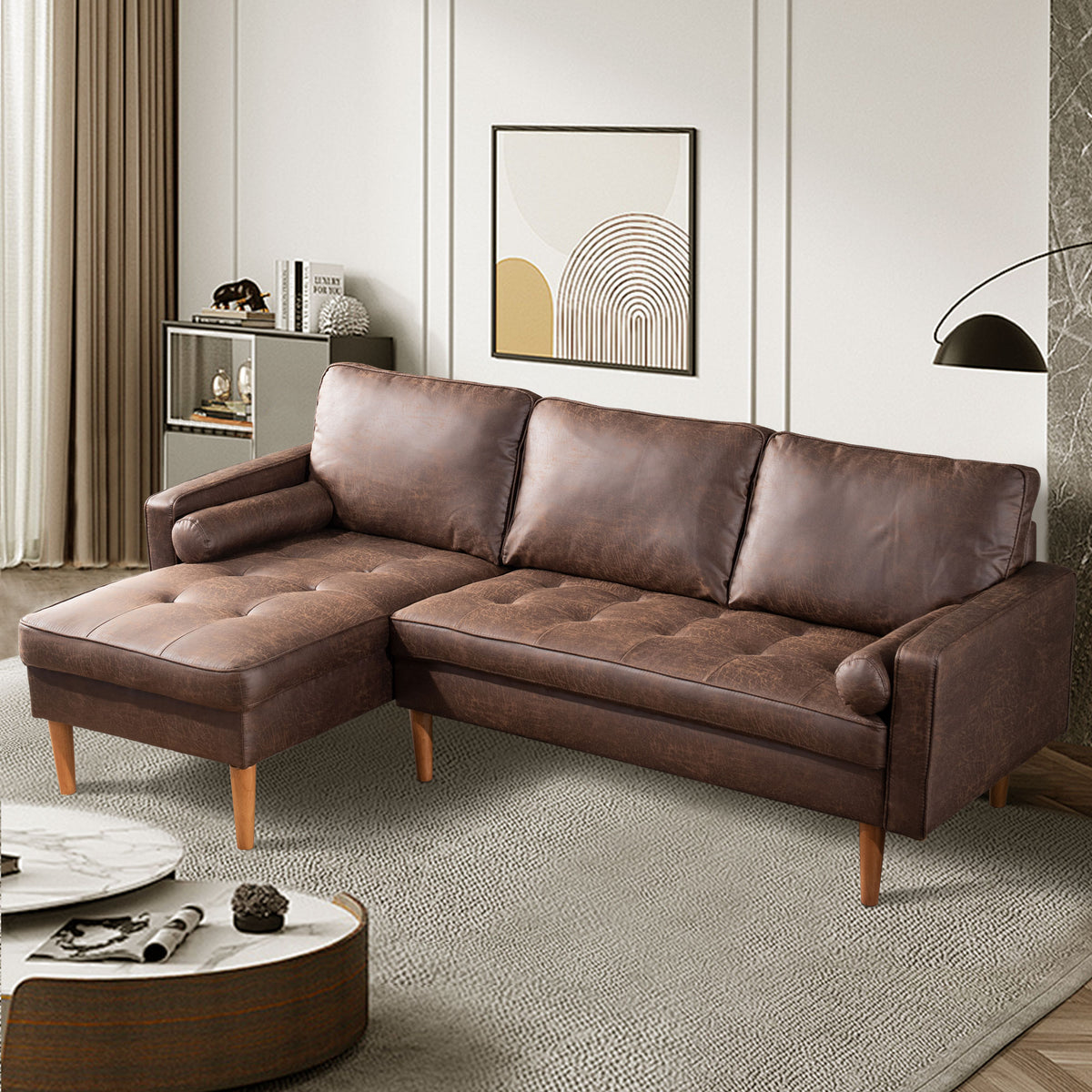 Xizzi Furniture-GF-Sofa-L Shape-Dark Brown-Suede-Left Chaise