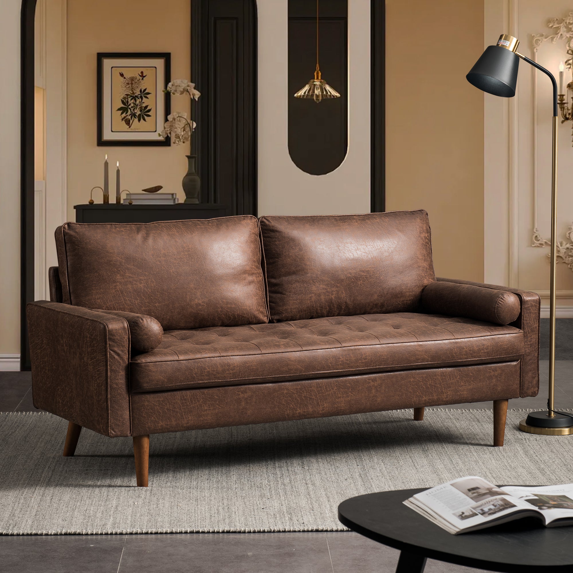 Xizzi-Furniture-YSL-Loveseat Sofa-Dark-Brown-Suede